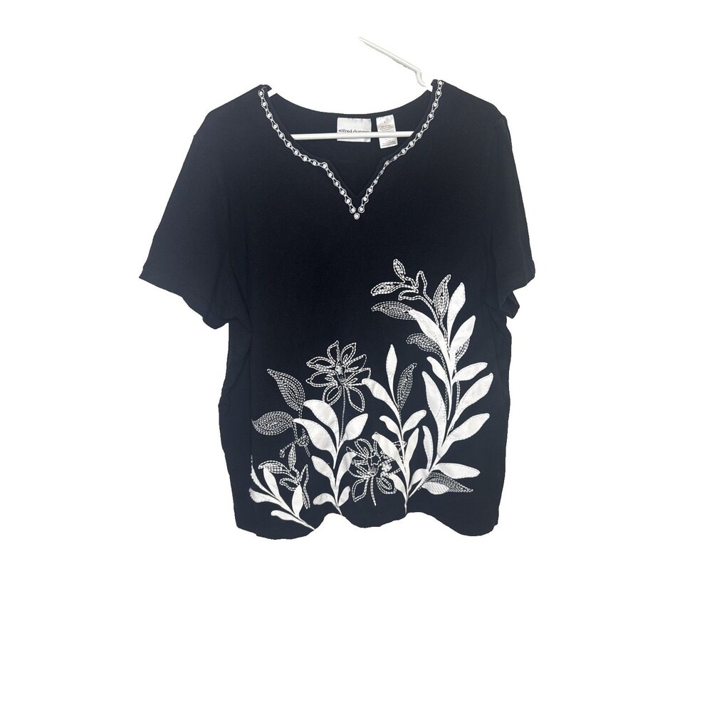 Alfred Dunner Short Sleeve Top Womens L Black White Floral Embroidered Casual